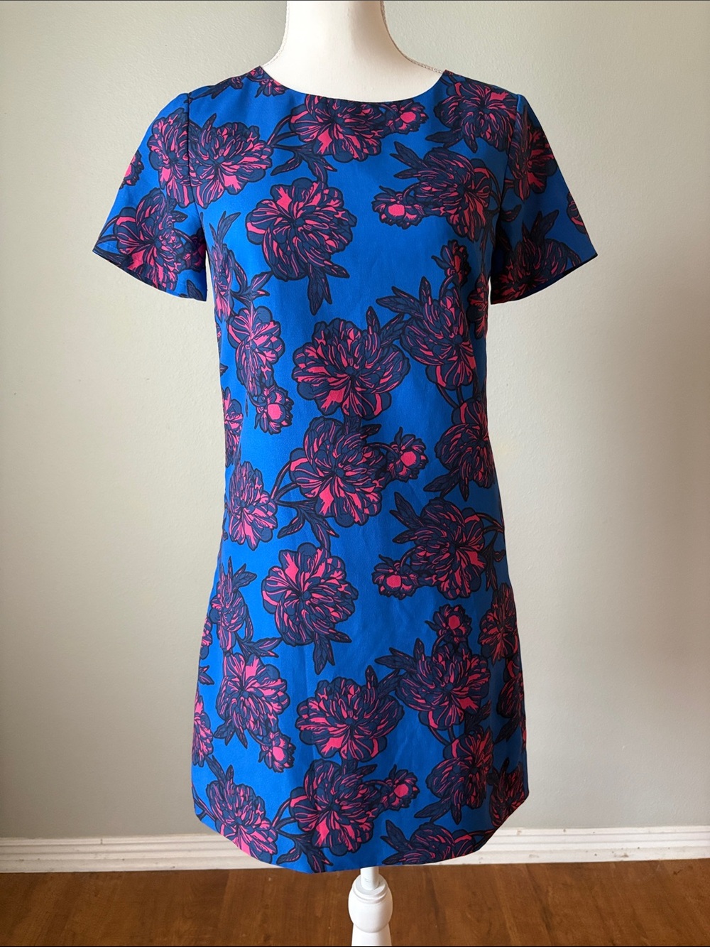 J. Crew | Blue Shift Dress with Pink Floral Print